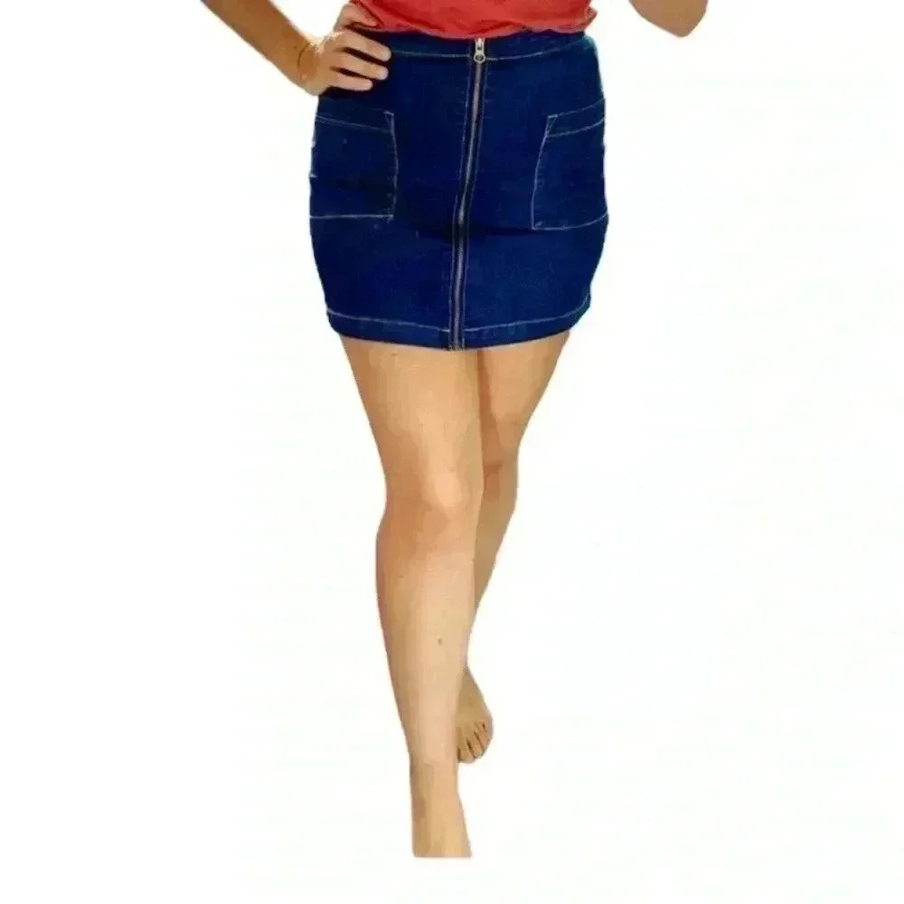 Refuge women’s denim mini zip-up skirt sz M stretchy gently used real pockets - Picture 3 of 8